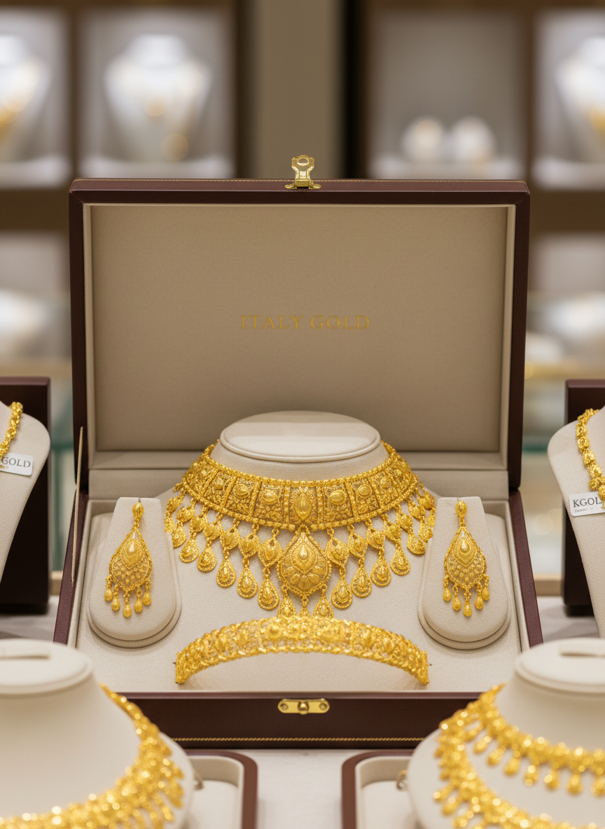 A close-up, photographic view of a signature Saudi 21K gold bridal necklace set resting inside an open, dark leather presentation box, lined with cream suede. The necklace features intricate filigree work and dangling elements, flanked by matching earrings and a bracelet, each piece glowing with a rich, warm gold hue. Subtle accent pieces of Italy Gold and KGold peek from the edges of the frame, hinting at variety. Soft studio lighting from the front and slightly above brings out fine textures and precise craftsmanship, while the background fades into a tasteful blur of a refined showroom interior. Shot from a slightly elevated angle, the mood is opulent yet controlled, embodying sophisticated elegance in photographic realism.