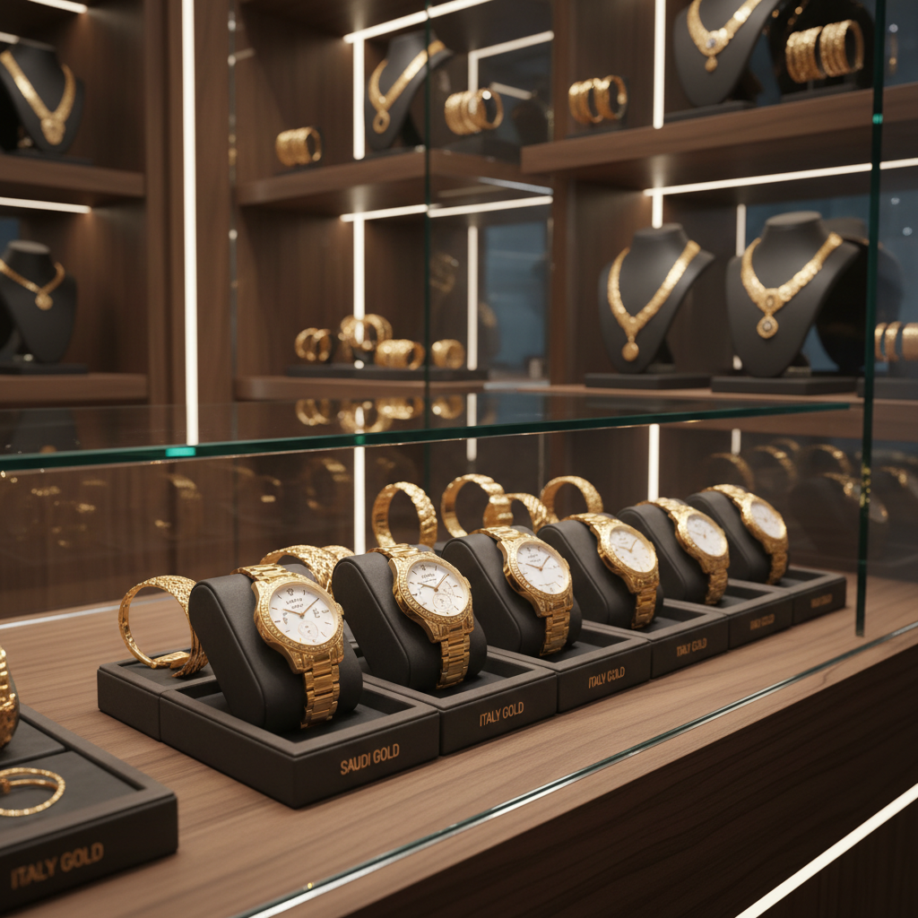 An elegant watch and jewellery corner inside Royal Central Jewellery, featuring a polished walnut display counter with neatly arranged gold watches and matching gold bracelets. Several Saudi and Italy Gold timepieces with detailed bezels, luminous dials, and finely linked gold straps rest on dark suede cushions, their metallic surfaces catching subtle highlights. Behind, a glass shelving unit holds complementary 18K and KGold bangles and chains, softly out of focus. Warm, focused ceiling lights and hidden LED strips create layered reflections on the glass and metal, while maintaining a serene, upscale mood. Captured in photographic realism from a three-quarter angle, with balanced composition and moderate depth of field, conveying precision, heritage, and contemporary luxury.