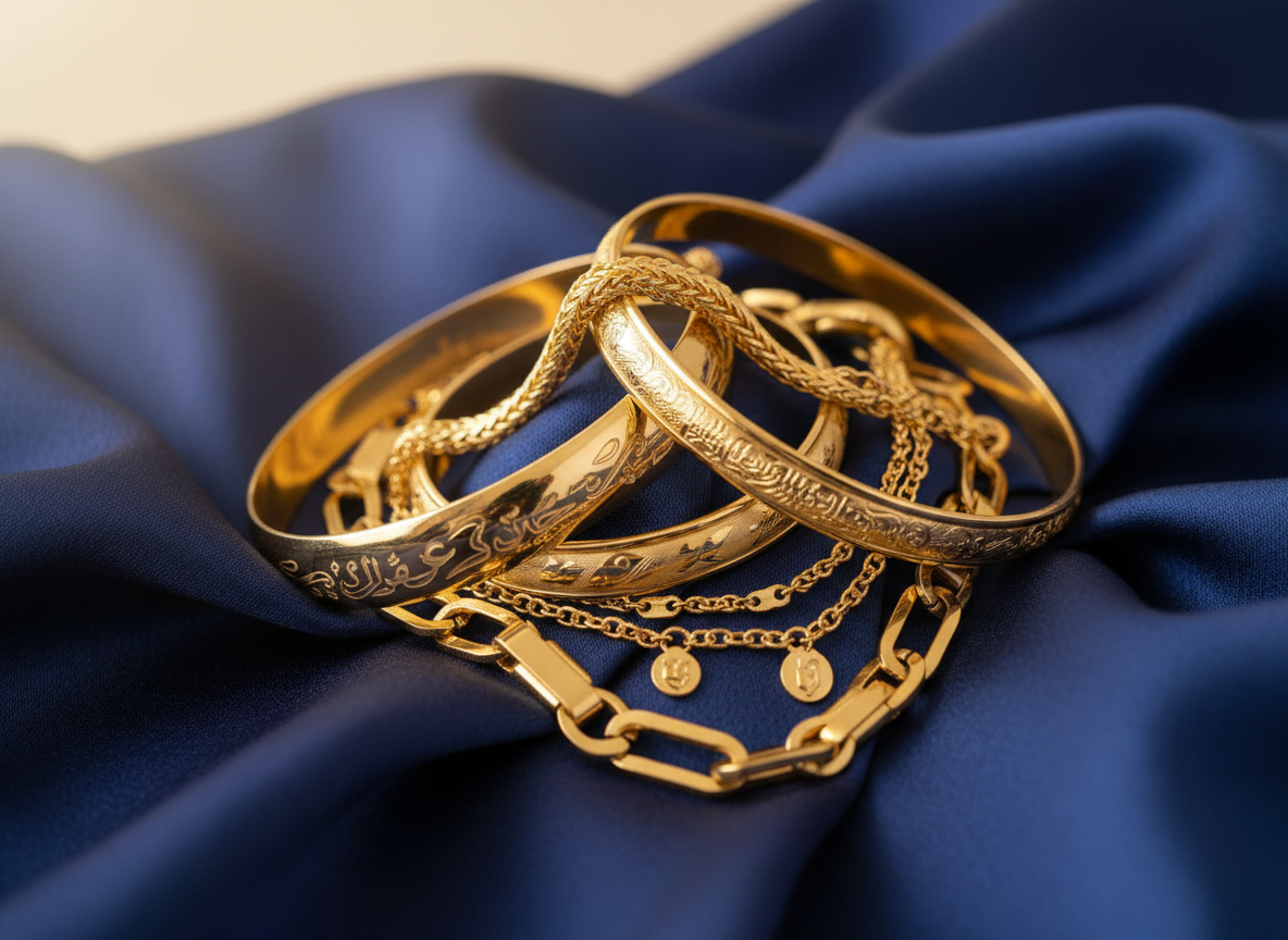 A luxurious close-up of intertwined gold bangles and chains, representing Saudi Gold, Italy Gold, and KGold, resting on a folded, deep navy silk fabric. The bangles vary from smooth, high-polish surfaces to finely engraved patterns, while the chains range from delicate to bold, each catching light differently. Soft studio lighting from the side and above creates a subtle gradient across the gold, with gentle specular highlights and velvety shadows in the folds of the silk. The background falls into a creamy blur, keeping attention on the interplay of metal and fabric. Photographic realism with a shallow depth of field and tight framing, evoking intimacy, sophistication, and the tactile allure of finely crafted gold jewellery.