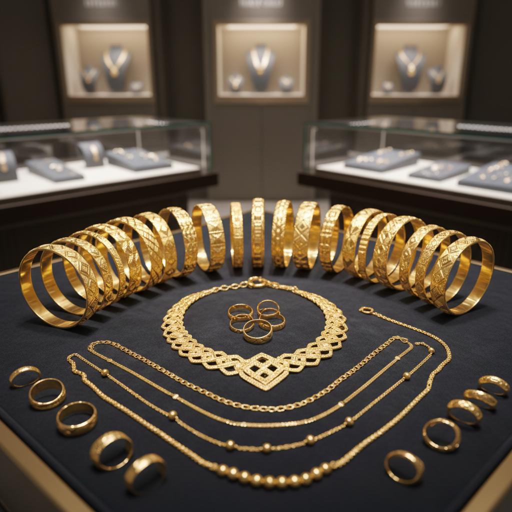 A meticulously arranged display of Saudi 21K and 18K gold jewellery on a deep charcoal velvet surface inside an elegant Hong Kong boutique. Intricately patterned bangles, delicate chains, and classic rings in varying warm gold tones are carefully fanned out, with a refined Italy Gold necklace and a subtle KGold bracelet adding contrast. Soft, warm spotlights from above create luminous reflections and gentle gradients across the polished metal, casting refined shadows on the fabric. The background shows a softly blurred hint of glass display cases and a discreet watch section, suggesting a sophisticated showroom. Photographic realism, shot at eye level with a shallow depth of field for a luxurious, calm, and high-end atmosphere.