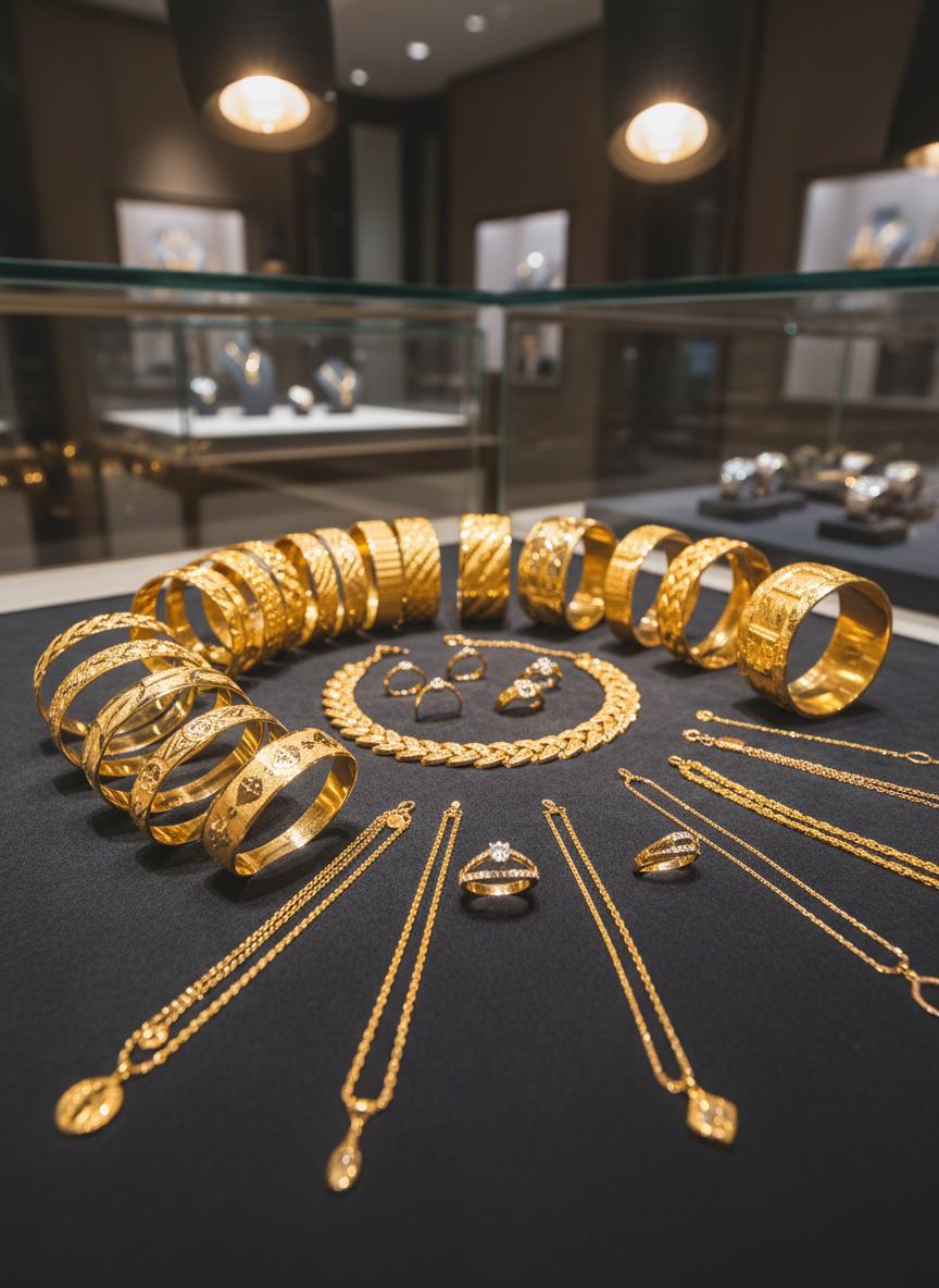 A meticulously arranged display of Saudi 21K and 18K gold jewellery on a deep charcoal velvet surface inside an elegant Hong Kong boutique. Intricately patterned bangles, delicate chains, and classic rings in varying warm gold tones are carefully fanned out, with a refined Italy Gold necklace and a subtle KGold bracelet adding contrast. Soft, warm spotlights from above create luminous reflections and gentle gradients across the polished metal, casting refined shadows on the fabric. The background shows a softly blurred hint of glass display cases and a discreet watch section, suggesting a sophisticated showroom. Photographic realism, shot at eye level with a shallow depth of field for a luxurious, calm, and high-end atmosphere.