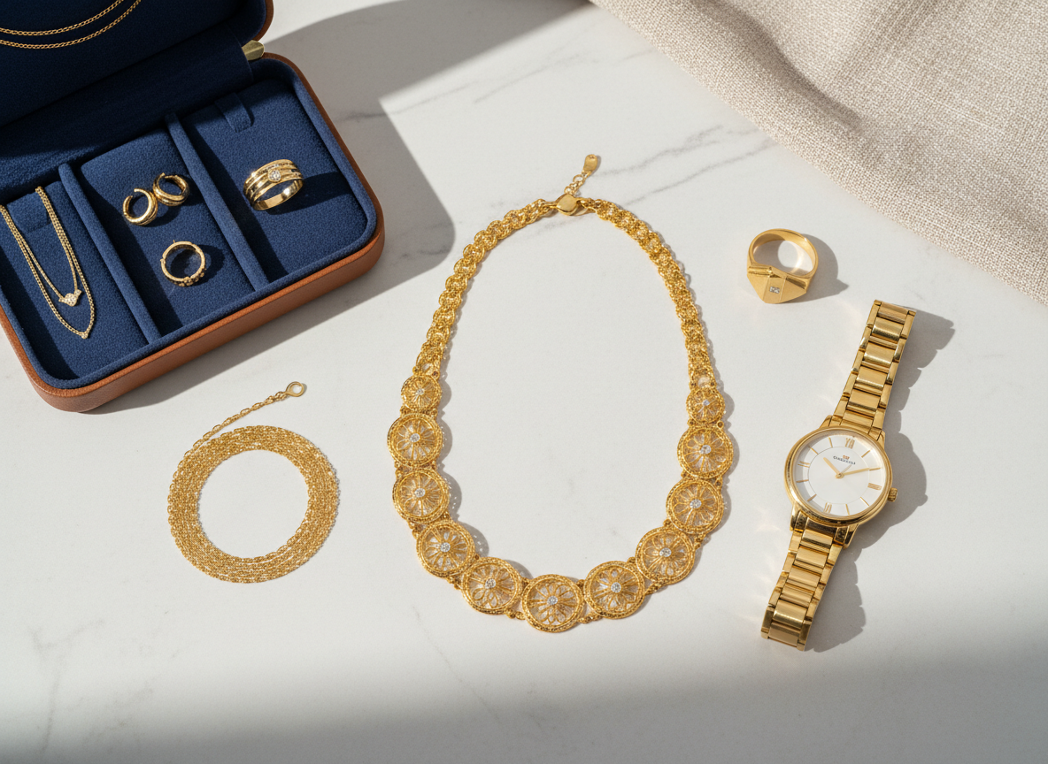 An elegant flat-lay composition featuring a curated selection of Royal Central Jewellery’s signature styles arranged on a pale stone slab. A bold Saudi 21K gold necklace with intricate links anchors the scene, complemented by a sleek Italy Gold chain, a modern KGold ring, and a classic gold watch with a refined bracelet strap. A small, open leather travel case shows additional neatly organized gold pieces, hinting at variety. Soft, diffused daylight from one side creates delicate highlights and gentle shadows, emphasizing the rich tones and smooth finishes. The background is minimal and slightly textured, enhancing the sophisticated, photographic realism. Shot from directly above with balanced spacing, the mood is polished, modern, and aspirational, ideal for showcasing product range online.