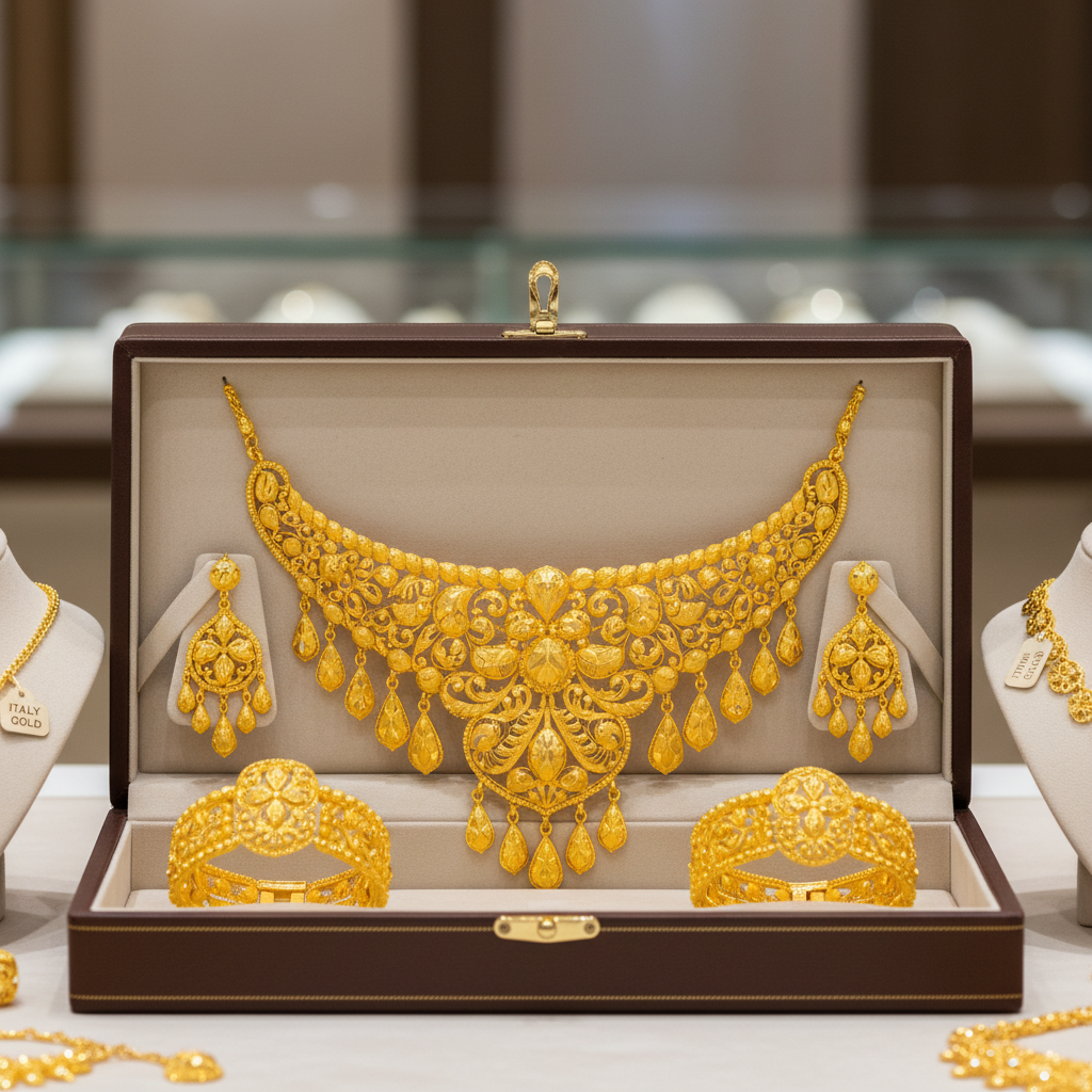 A close-up, photographic view of a signature Saudi 21K gold bridal necklace set resting inside an open, dark leather presentation box, lined with cream suede. The necklace features intricate filigree work and dangling elements, flanked by matching earrings and a bracelet, each piece glowing with a rich, warm gold hue. Subtle accent pieces of Italy Gold and KGold peek from the edges of the frame, hinting at variety. Soft studio lighting from the front and slightly above brings out fine textures and precise craftsmanship, while the background fades into a tasteful blur of a refined showroom interior. Shot from a slightly elevated angle, the mood is opulent yet controlled, embodying sophisticated elegance in photographic realism.
