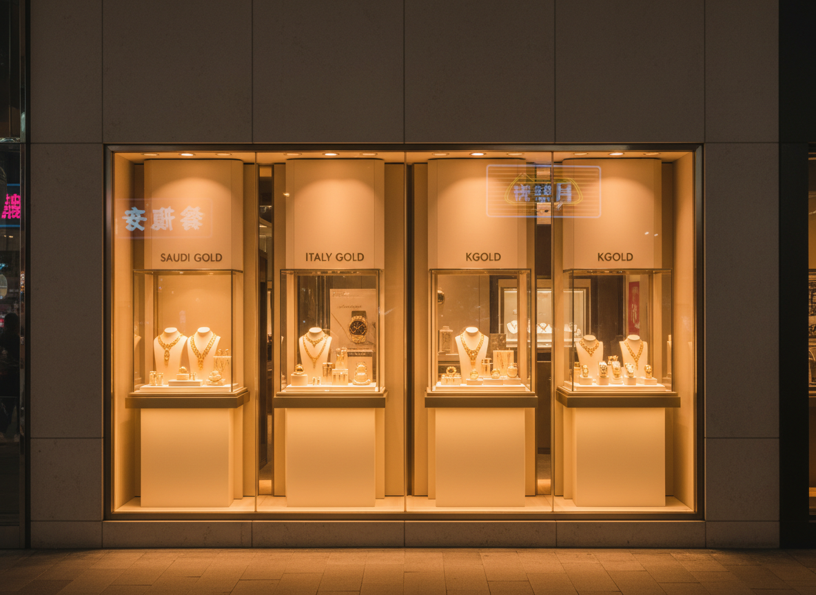 A sophisticated exterior night-time view of a Hong Kong street with a high-end jewellery storefront clearly distinguished by its warm, inviting display windows. Inside the windows, carefully curated Saudi Gold, Italy Gold, and KGold pieces are arranged on minimalist stands, alongside a small section of gold watches, all glowing under soft, golden-toned spotlights. The building facade is contemporary and understated, with clean lines and neutral stone textures, while nearby shops are softly blurred to keep focus on the jewellery store. Reflections on the glass hint at the urban surroundings without showing people or readable text. Photographic realism, shot from street level with a wide-angle lens, capturing the atmosphere of an exclusive yet approachable destination in Hong Kong.