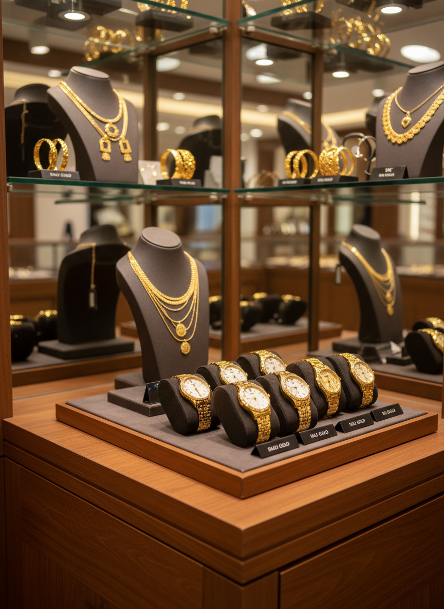 An elegant watch and jewellery corner inside Royal Central Jewellery, featuring a polished walnut display counter with neatly arranged gold watches and matching gold bracelets. Several Saudi and Italy Gold timepieces with detailed bezels, luminous dials, and finely linked gold straps rest on dark suede cushions, their metallic surfaces catching subtle highlights. Behind, a glass shelving unit holds complementary 18K and KGold bangles and chains, softly out of focus. Warm, focused ceiling lights and hidden LED strips create layered reflections on the glass and metal, while maintaining a serene, upscale mood. Captured in photographic realism from a three-quarter angle, with balanced composition and moderate depth of field, conveying precision, heritage, and contemporary luxury.