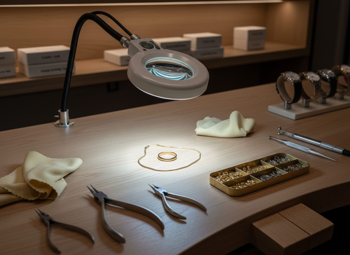 A refined jewellery repair workstation in photographic realism, with no human presence, showcasing the precision of craftsmanship. On a smooth, light wooden bench, a single gold ring and a delicate Saudi gold chain lie under a magnifying lens, surrounded by neatly arranged professional tools: fine-tipped pliers, polishing cloths, and a small tray of assorted clasps in 18K and KGold. A focused, adjustable lamp casts bright, controlled light onto the working area, creating crisp reflections on the metal and sharp, purposeful shadows. The background includes softly blurred shelves with organized boxes labeled by category and a glimpse of neatly arranged watches awaiting service. Shot from a slightly elevated angle, the mood is calm, meticulous, and trustworthy, emphasizing expert care and attention to detail.